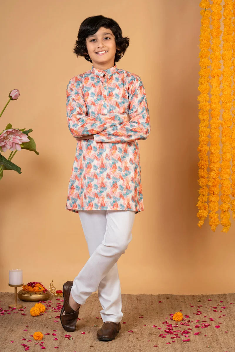 BT DEZINES Peach Multi Ikat Kurta and Pyjama Set for Boys
